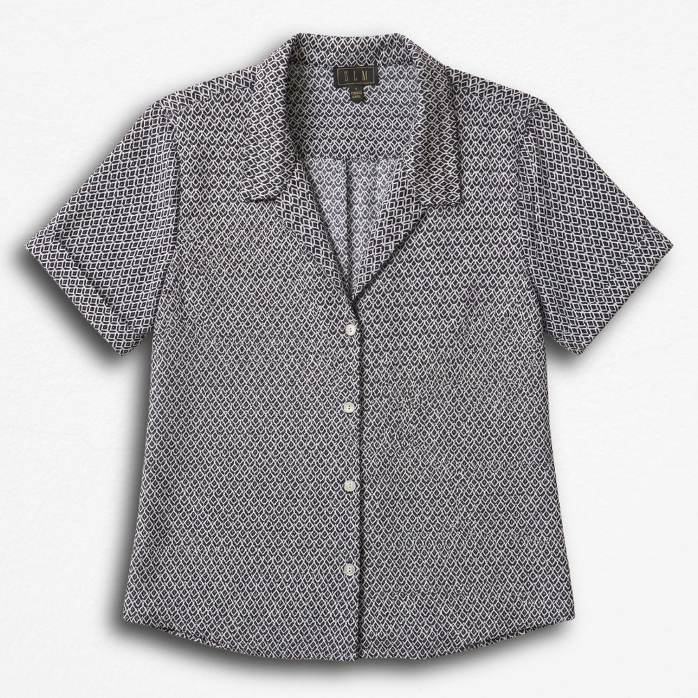 OLM Women Black White Geometric Diamond Print Short Sleeve Button Up Shirt L